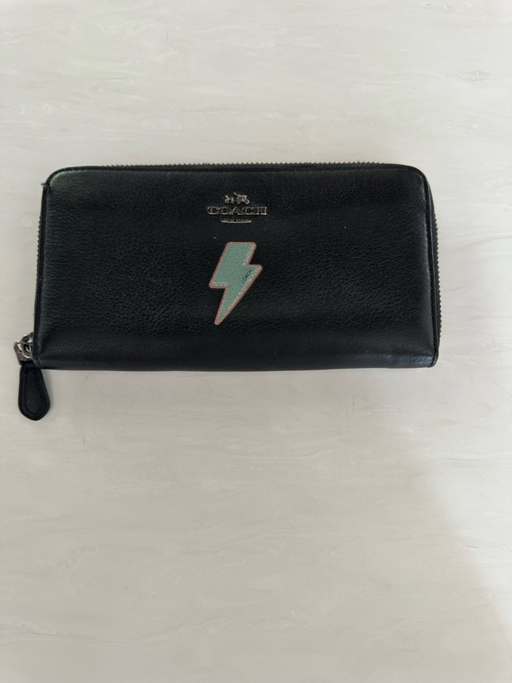 Coach Black Leather Zip Wallet with Mint Lightning Bolt